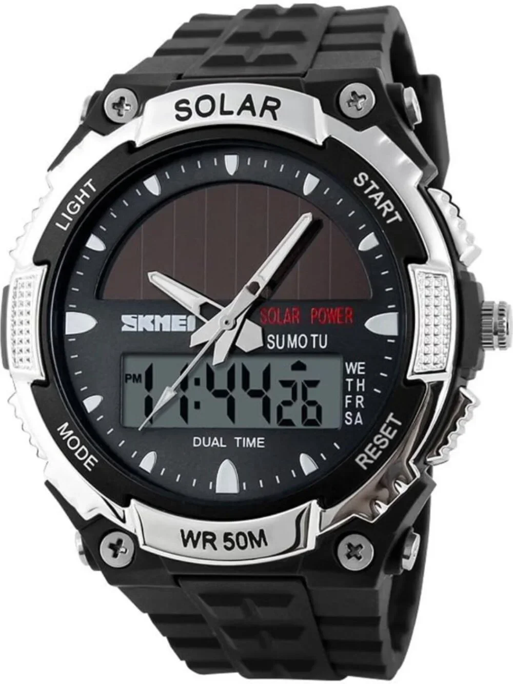 Men's Solar Powered Military Digital Watch - Waterproof, LED, 2 Time Zones